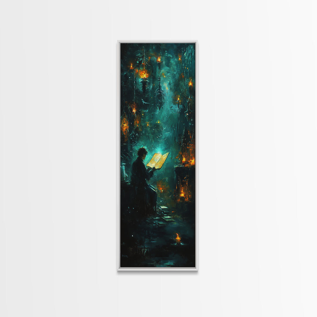 Glowing Book In Enchanted Forest Wall Art, Dark Fantasy Reading Nook Decor, Mystical Teal Library Print For Book Lovers Gift
