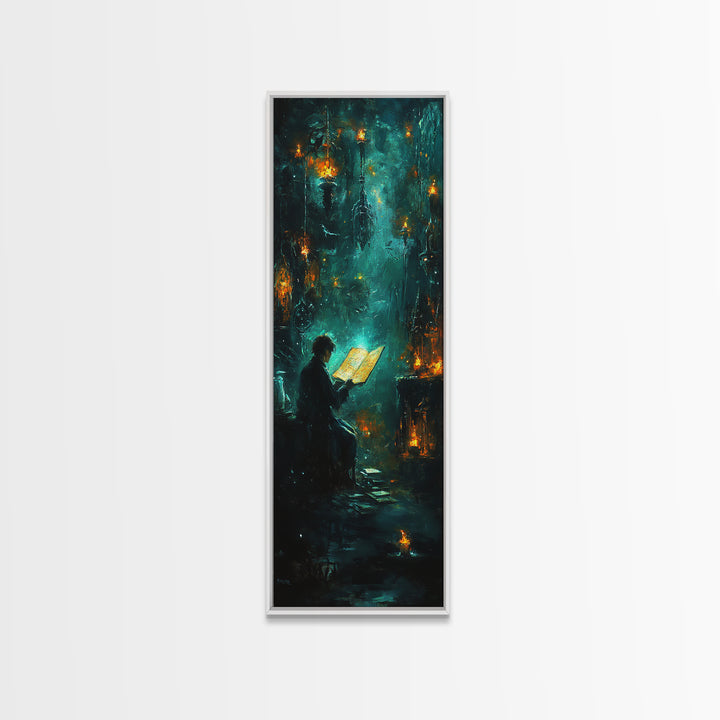 Glowing Book In Enchanted Forest Wall Art, Dark Fantasy Reading Nook Decor, Mystical Teal Library Print For Book Lovers Gift