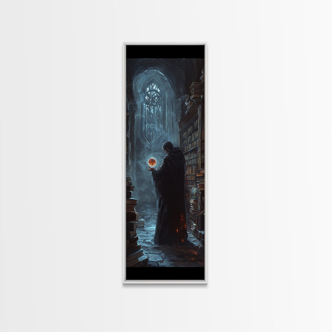 Cloaked Wizard In Gothic Library Framed Canvas Print, Dark Academia Fantasy Wall Decor, Mystical Bookish Art For Study Room Decor
