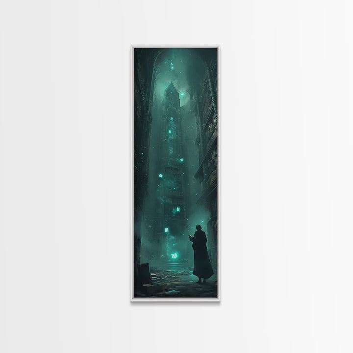 Dark Gothic Tower In Misty Alley Wall Art, Fantasy Cityscape Print, Moody Library Decor, Dark Academia Wall Decor Gift For Him