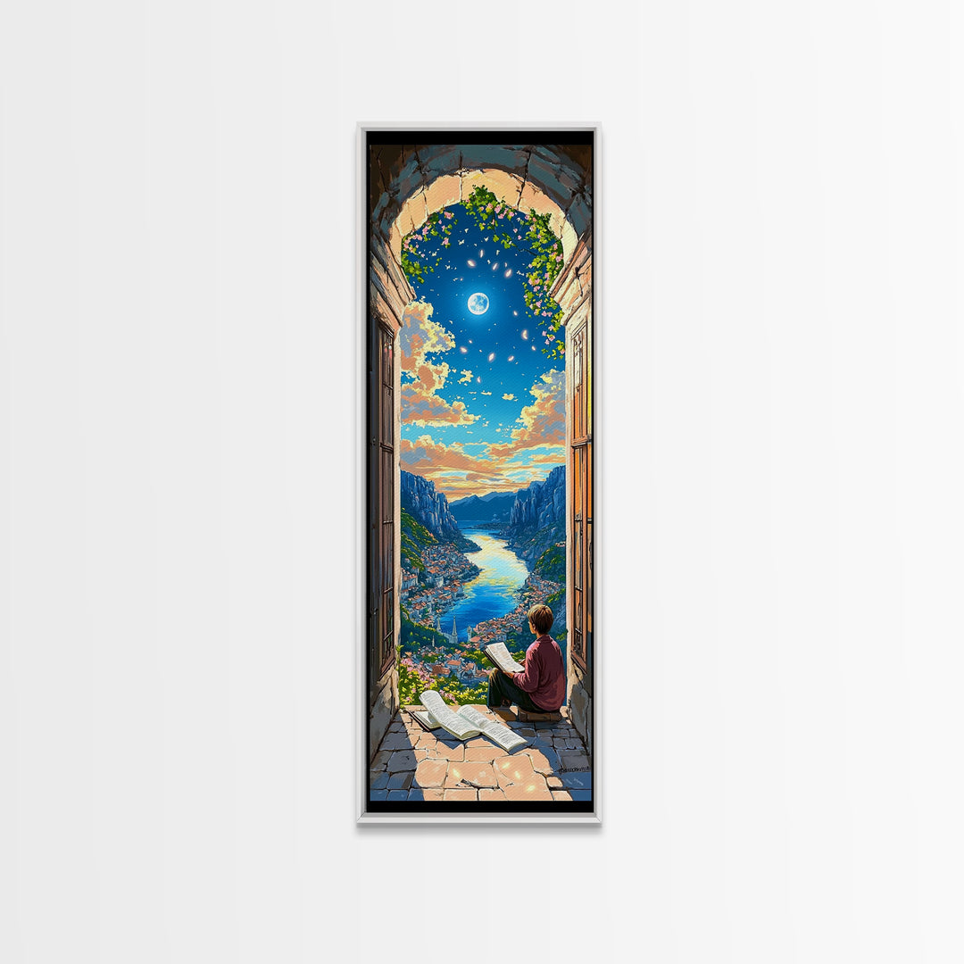 Reader In Arched Window Over Moonlit Valley Framed Canvas Print, Bookish Wall Art, Cozy Library Decor, Fantasy Art Print Gift