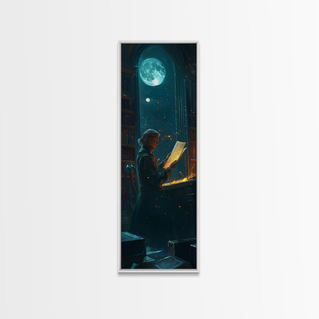 Moonlit Scholar Reading Ancient Scroll Canvas Print, Dark Academia Wall Art, Magical Library Decor, Book Lover Gift For Readers