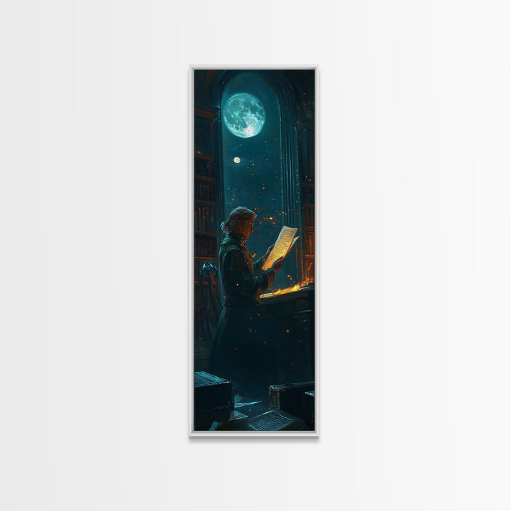 Moonlit Scholar Reading Ancient Scroll Canvas Print, Dark Academia Wall Art, Magical Library Decor, Book Lover Gift For Readers