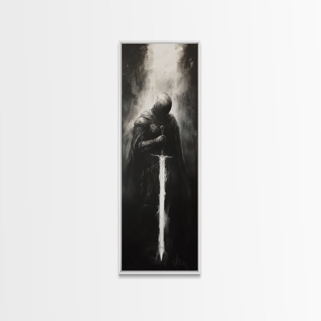 Hooded Knight With Glowing Sword Wall Art, Black And White Fantasy Print, Gothic Dark Academia Decor, Medieval Sword Art