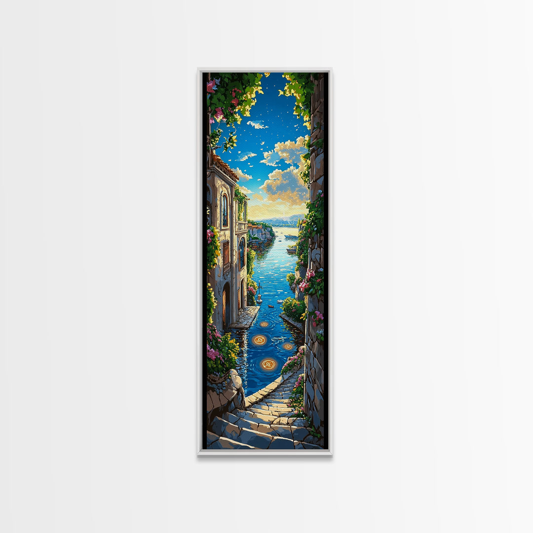 Sunlit Mediterranean Seaside Stairway Wall Art, Coastal Village Canvas Print, Italian Decor, Travel Poster, Beach House Gift