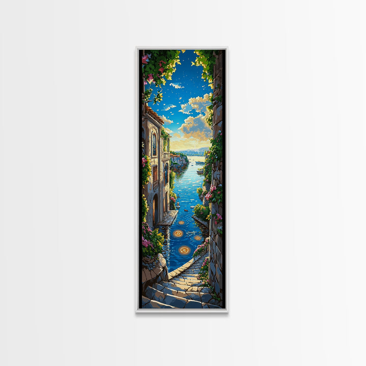 Sunlit Mediterranean Seaside Stairway Wall Art, Coastal Village Canvas Print, Italian Decor, Travel Poster, Beach House Gift
