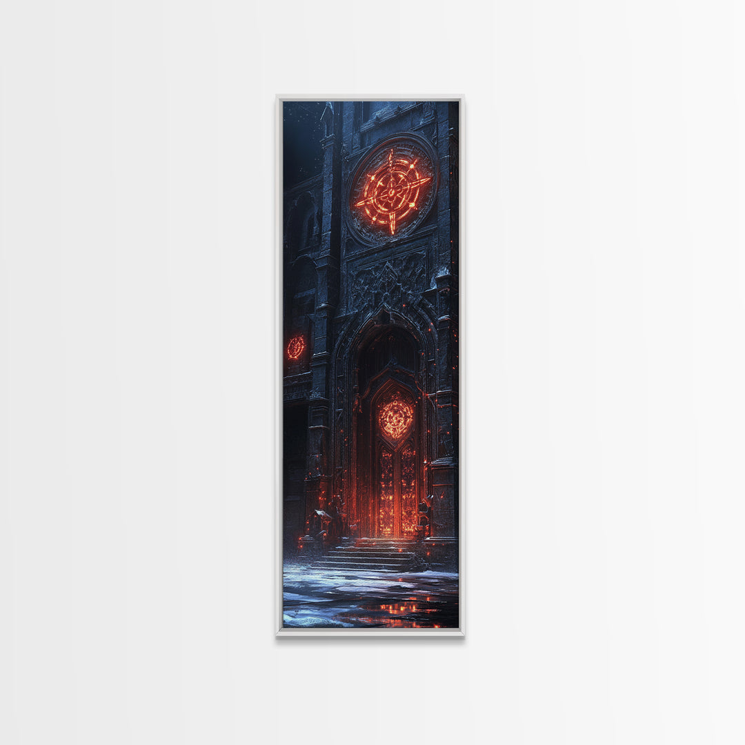Glowing Gothic Cathedral Door Framed Canvas Print, Dark Fantasy Wall Art, Magical Architecture Decor, Occult Castle Poster