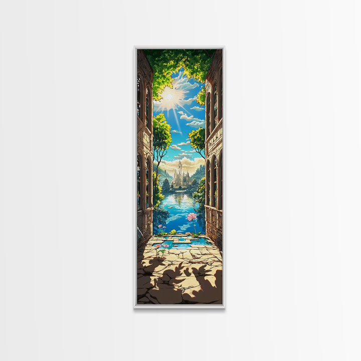 Sunlit Ruins Archway To Castle Lake Canvas Print, Fantasy Landscape Wall Art, Magical Nature Decor, Serene Travel Poster
