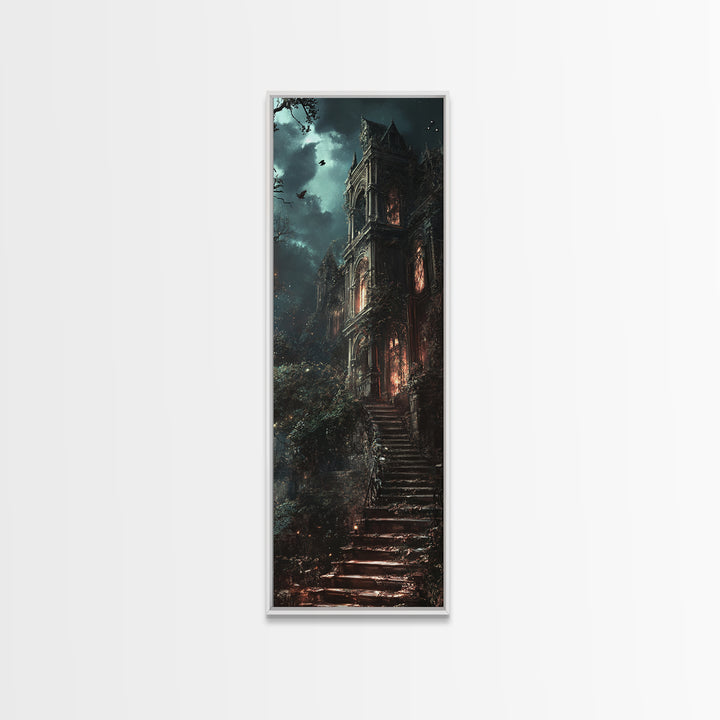 Haunted Gothic Mansion In Moonlit Forest Wall Art, Dark Academia Canvas Print, Spooky Castle Decor, Victorian Horror Gift
