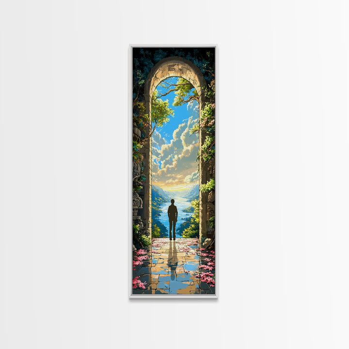 Solitary Figure In Sunlit Ocean Archway Framed Canvas Print, Coastal Fantasy Wall Art, Serene Landscape Decor Gift For Home