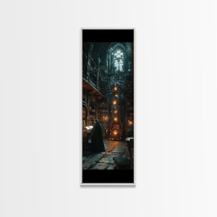 Dark Academia Magical Library Framed Canvas Print, Gothic Bookish Wall Decor, Wizard Study Artwork For Moody Reading Room
