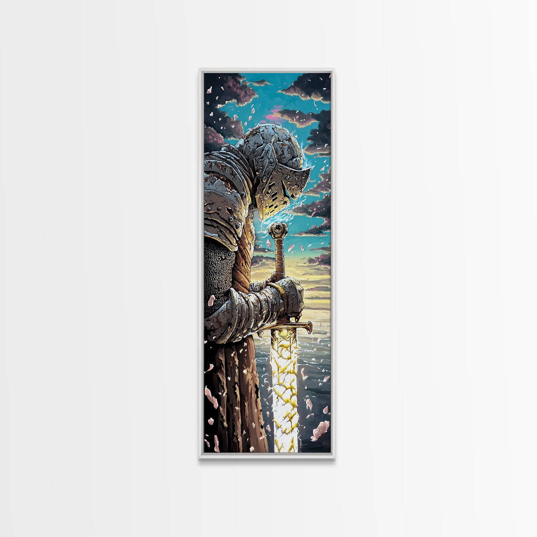 Weathered Knight With Glowing Sword Canvas Print, Medieval Fantasy Wall Art, Dark Academia Decor, Epic Warrior Artwork For Him