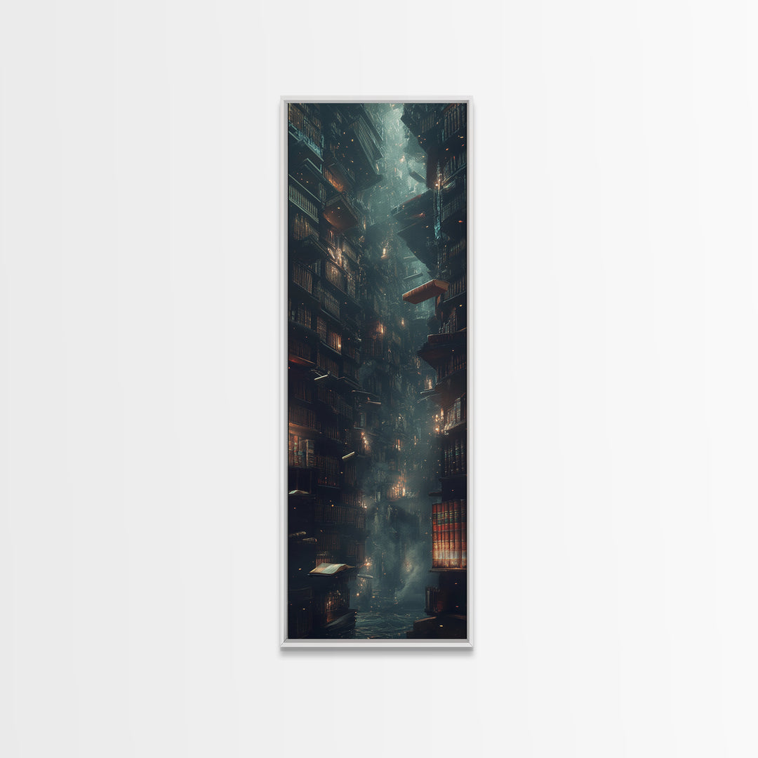 Towering Dark Library With Floating Book Wall Art, Moody Bookish Decor, Dark Academia Fantasy Print For Gothic Reading Nook