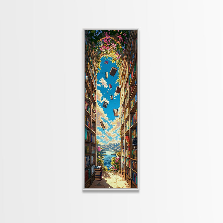 Blooming Library Arch With Floating Books Wall Art, Whimsical Book Lover Decor, Coastal Reading Nook Print, Colorful Art