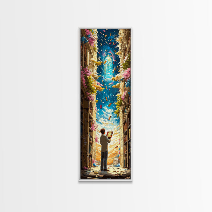 Young Reader Beneath Magical Book Portal Wall Art, Whimsical Library Decor, Cozy Fantasy Reading Nook Print For Book Lovers