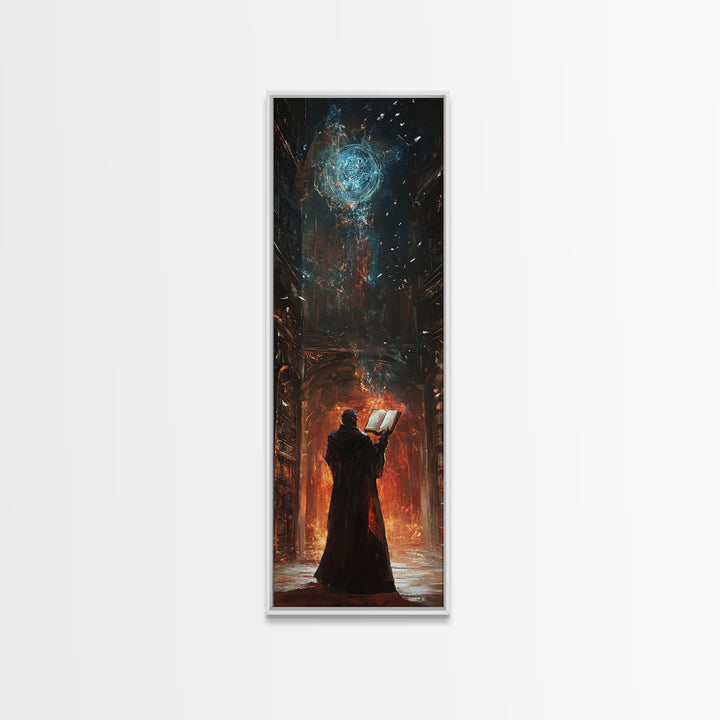 Wizard Reading Spellbook Under Celestial Orb Canvas Print, Dark Academia Fantasy Wall Art, Gothic Library Decor For Book Lovers