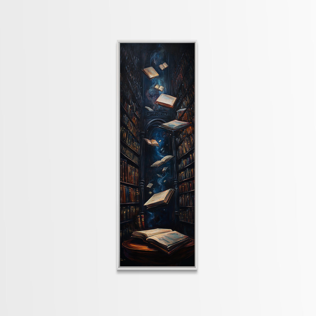 Dark Enchanted Library With Floating Books Wall Art, Gothic Bookish Decor, Dark Academia Print, Fantasy Reading Nook Gift