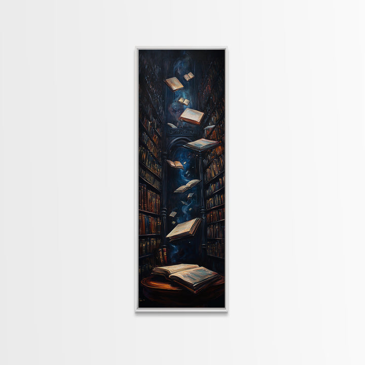 Dark Enchanted Library With Floating Books Wall Art, Gothic Bookish Decor, Dark Academia Print, Fantasy Reading Nook Gift