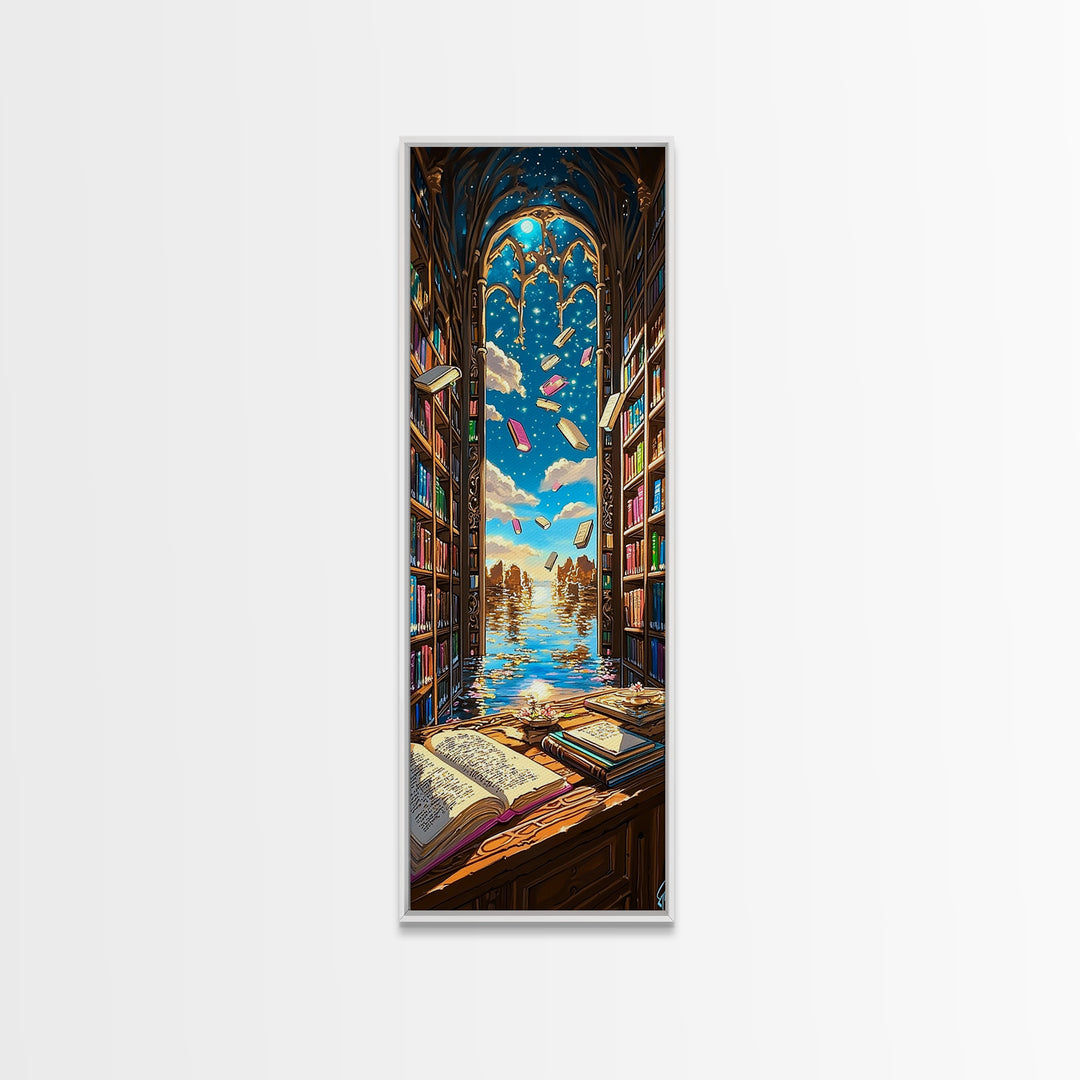 Sunlit Gothic Library Window Over Ocean Canvas Print, Bookish Wall Decor, Coastal Fantasy Art, Reading Nook Home Decor Gift