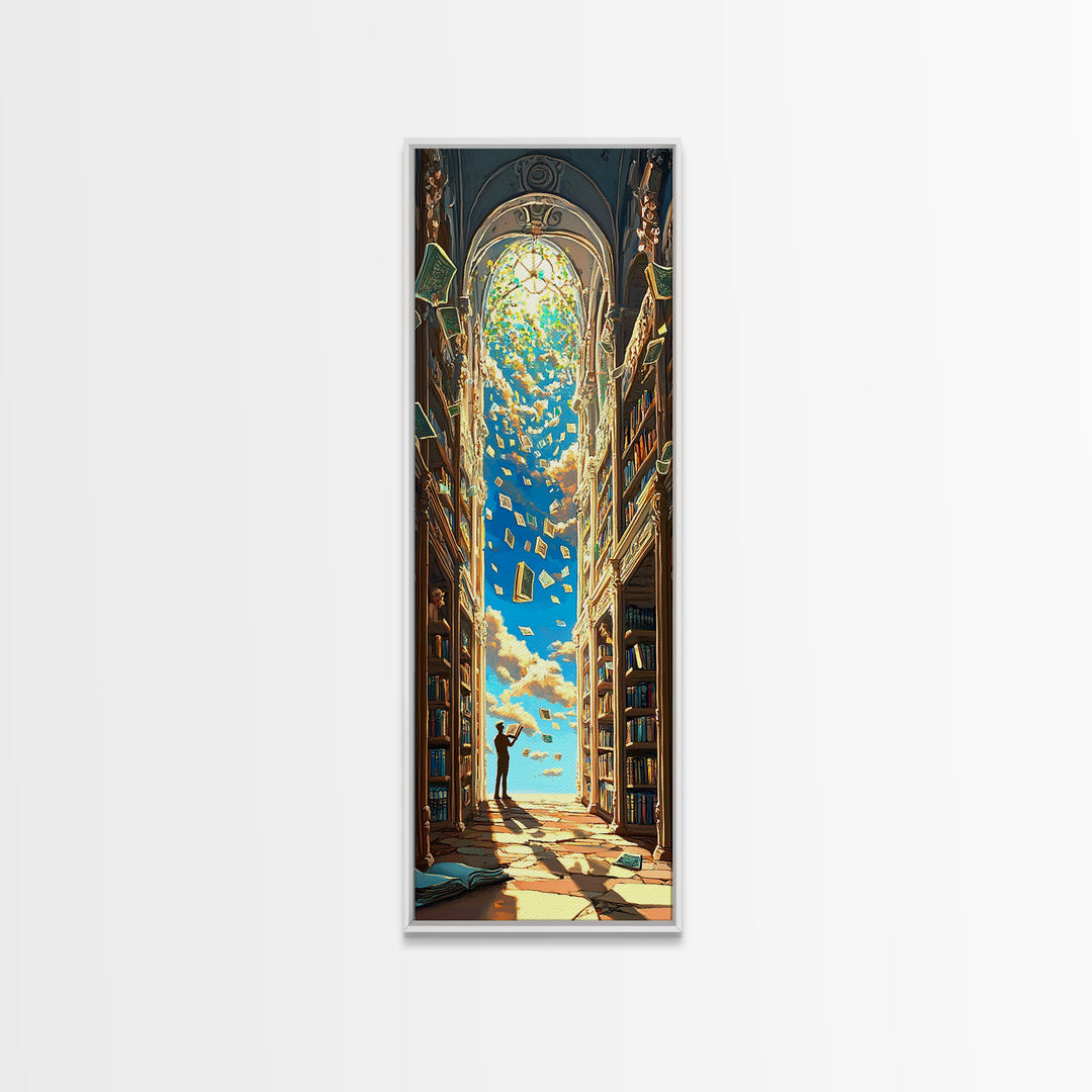 Golden Sky Library Arch With Falling Books Framed Canvas Print, Fantasy Bookish Wall Decor, Dark Academia Reading Gift Decor
