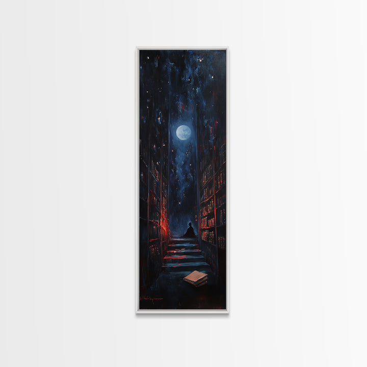 Moonlit Dark Library Stairs With Lone Reader Wall Art, Gothic Bookish Decor, Dark Academia Print, Moody Office Gift Decor