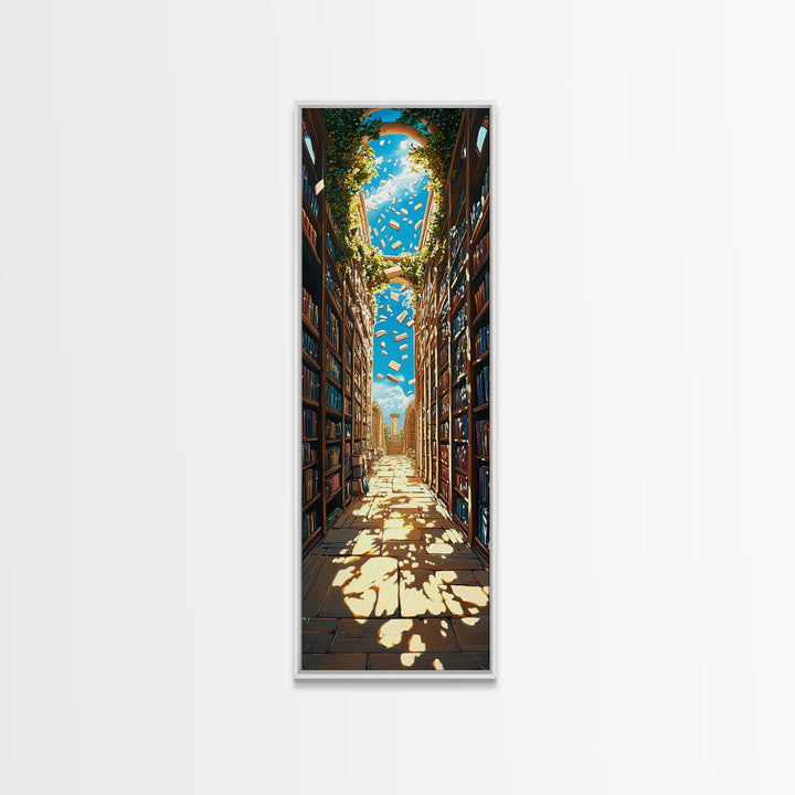 Sunlit Ivy Library Aisle With Floating Books Canvas Print, Bookish Wall Decor, Cozy Reading Nook, Fantasy Home Decor Gift