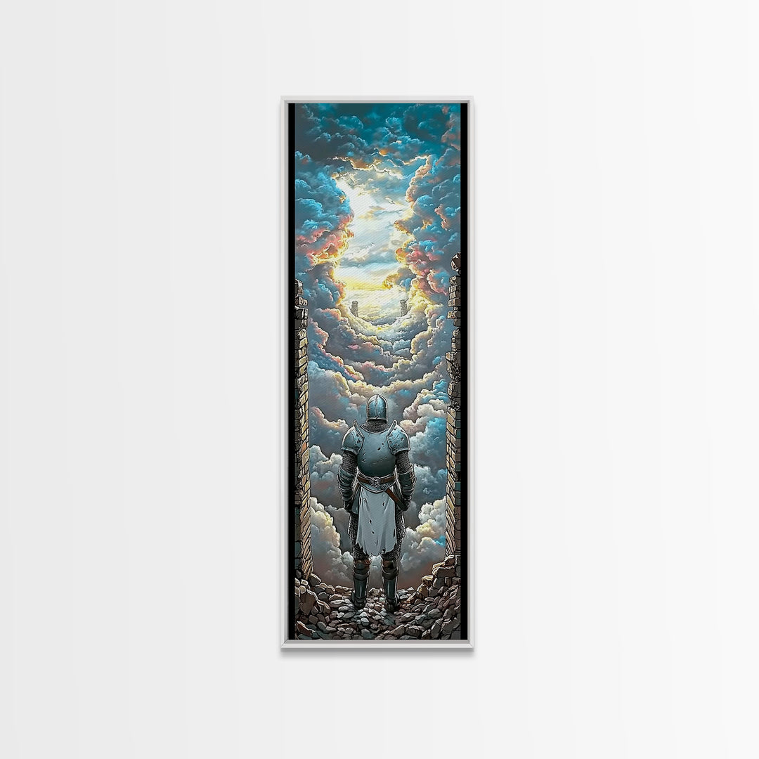 Armored Knight Before Radiant Cloud Portal Wall Art, Fantasy Castle Decor, Medieval Artwork, Inspirational Home Decor Gift