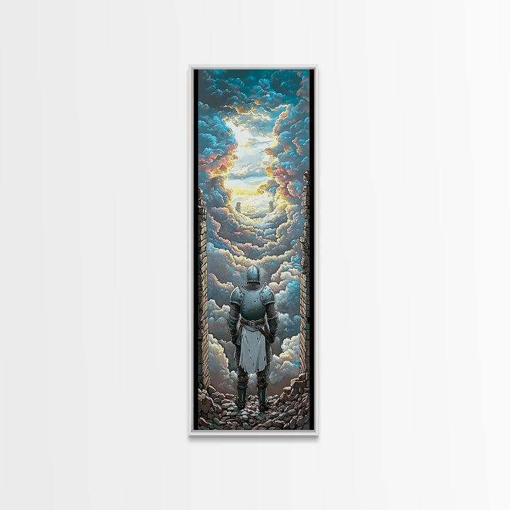 Armored Knight Before Radiant Cloud Portal Wall Art, Fantasy Castle Decor, Medieval Artwork, Inspirational Home Decor Gift