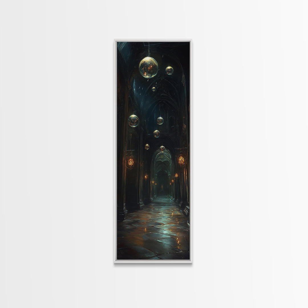 Dark Gothic Hall With Floating Celestial Orbs Canvas Print, Moody Wall Decor, Dark Academia Art, Fantasy Home Gift Office Decor