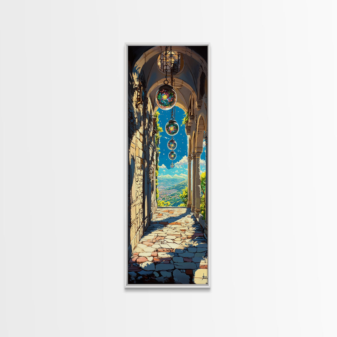 Sunlit Stone Archway With Floating Orbs, Mountain Valley Wall Art, Fantasy Landscape Canvas, Mediterranean Home Decor Print