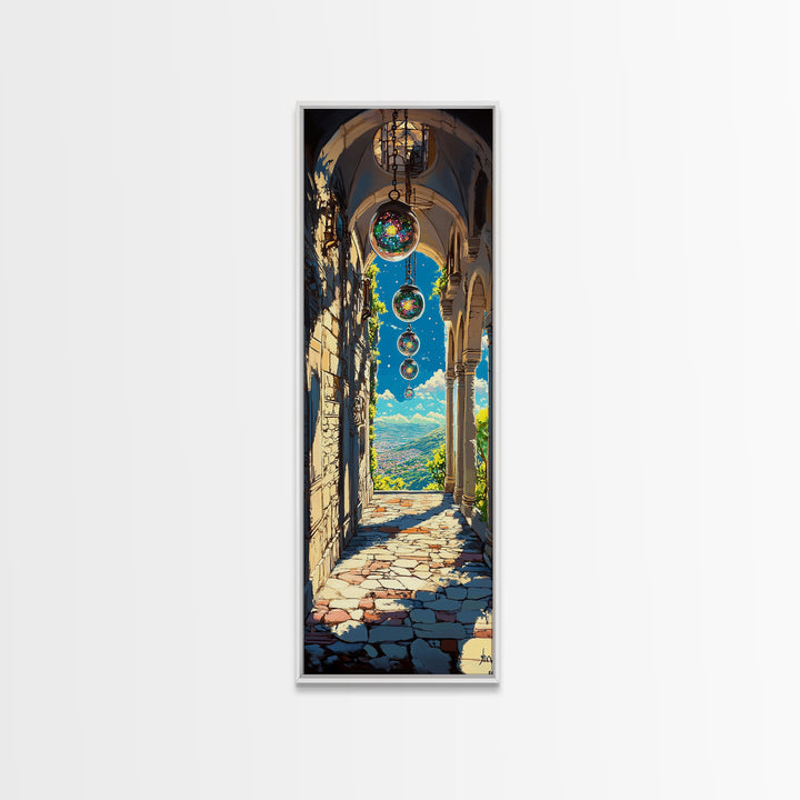 Sunlit Stone Archway With Floating Orbs, Mountain Valley Wall Art, Fantasy Landscape Canvas, Mediterranean Home Decor Print