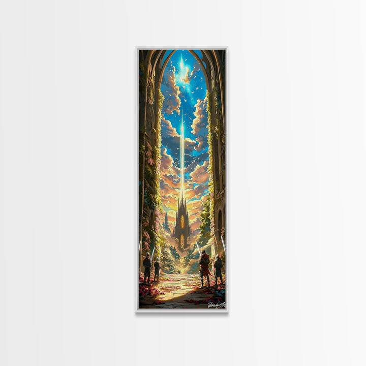 Celestial Cathedral Portal With Radiant Sky Beam Canvas Print, Fantasy Castle Wall Art, Magical Landscape Home Decor Gift For Her