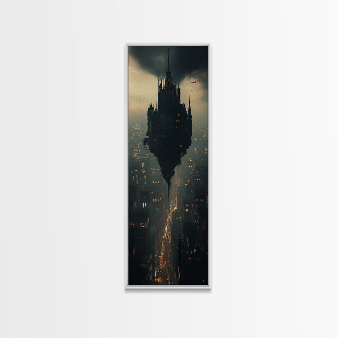 Dark Floating Citadel Above Dystopian City Wall Art, Gothic Castle Canvas Print, Sci Fi Fantasy Office Decor Gift For Him