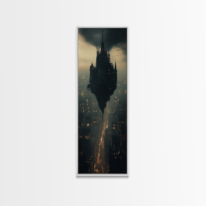 Dark Floating Citadel Above Dystopian City Wall Art, Gothic Castle Canvas Print, Sci Fi Fantasy Office Decor Gift For Him