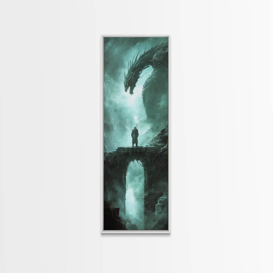 Lone Knight Facing Ancient Dragon Canvas Print, Dark Fantasy Wall Art, Teal Green Gothic Adventure Home Decor Gift For Him