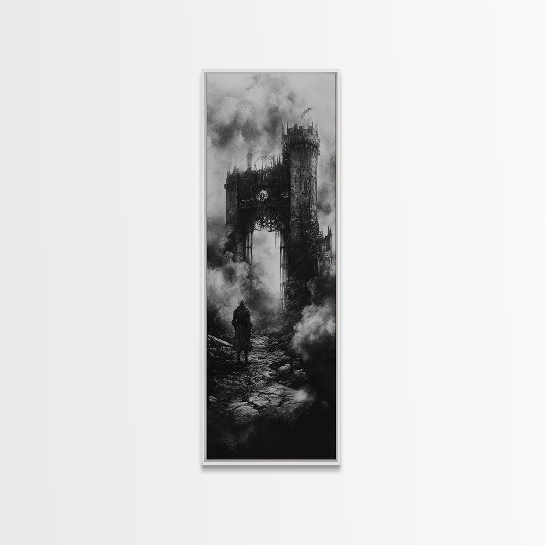 Black And White Gothic Ruin With Lone Wanderer Wall Art, Dark Academia Canvas Print, Moody Castle Home Decor Gift For Him
