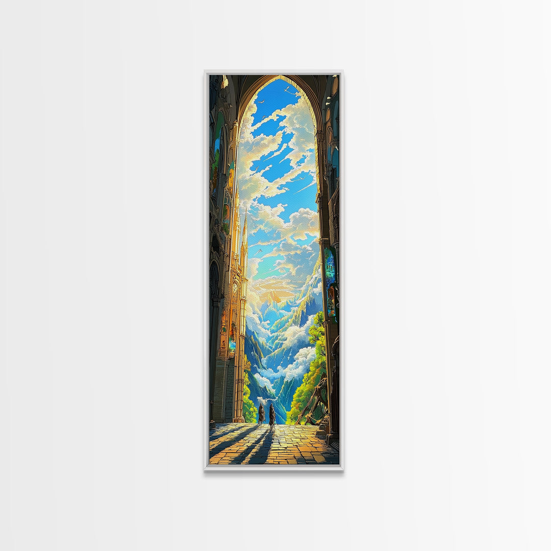 Golden Cathedral Arch Opening To Alpine Mountains Framed Canvas Print, Fantasy Landscape Wall Art, Bright Home Decor Gift
