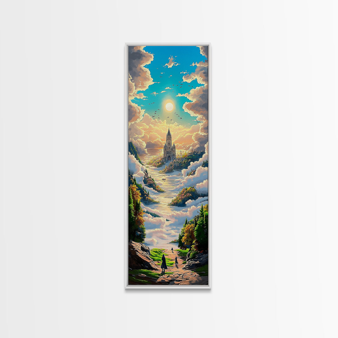 Castle In The Clouds Along Sunlit Valley Canvas Print, Dreamy Fantasy Landscape Wall Art, Whimsical Nursery Decor Gift For Her