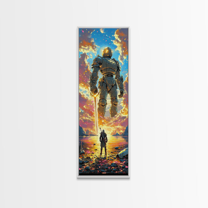 Golden Armored Colossus And Lone Warrior Framed Canvas Print, Epic Fantasy Wall Art, Vibrant Sunset Gaming Room Wall Decor