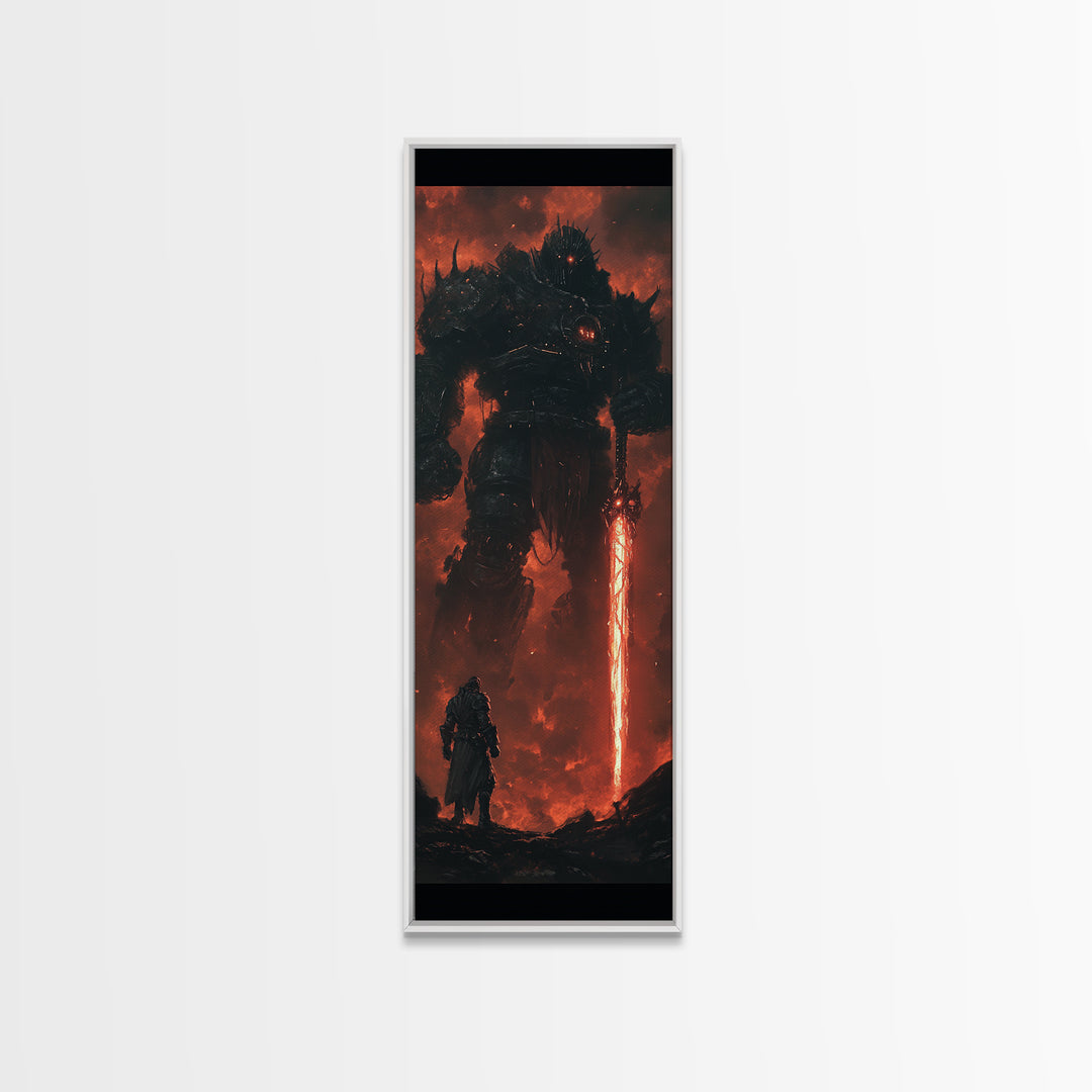 Dark Fire Titan With Crimson Sword Canvas Print, Epic Fantasy Wall Art, Demon Warrior Art Print, Gothic Gaming Room Decor