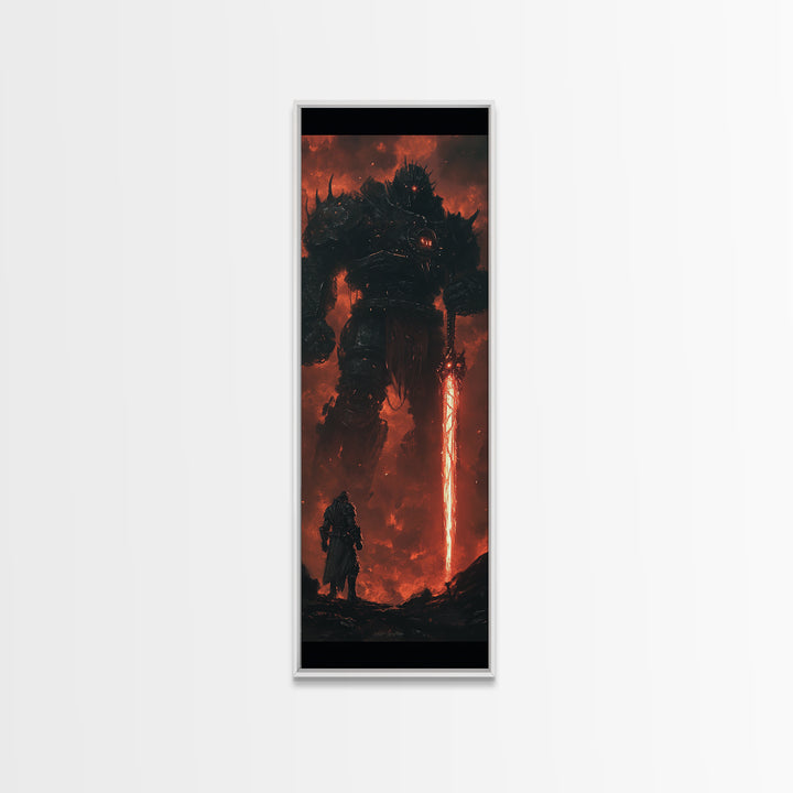 Dark Fire Titan With Crimson Sword Canvas Print, Epic Fantasy Wall Art, Demon Warrior Art Print, Gothic Gaming Room Decor