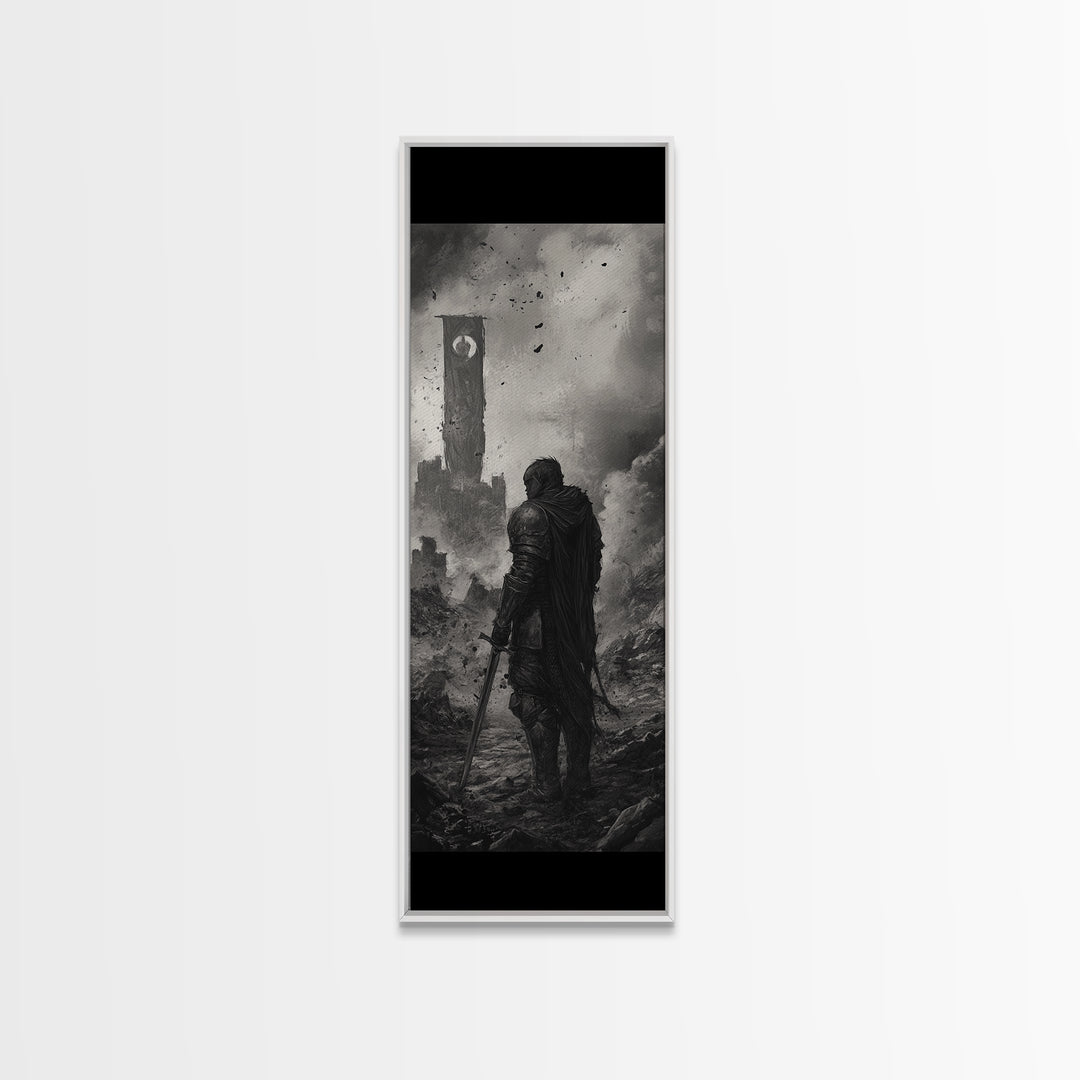 Black And White Lone Knight Near Ruined Tower Wall Art, Dark Fantasy Print, Medieval Landscape, Gothic Office Wall Decor