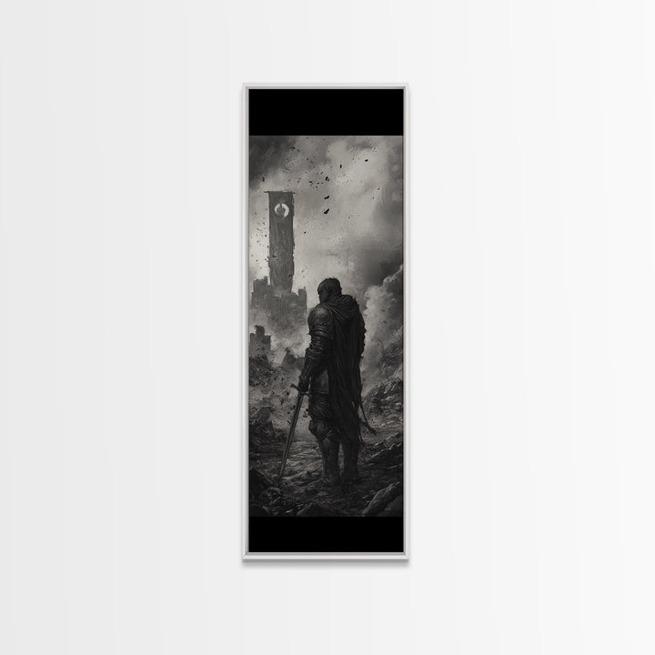 Black And White Lone Knight Near Ruined Tower Wall Art, Dark Fantasy Print, Medieval Landscape, Gothic Office Wall Decor