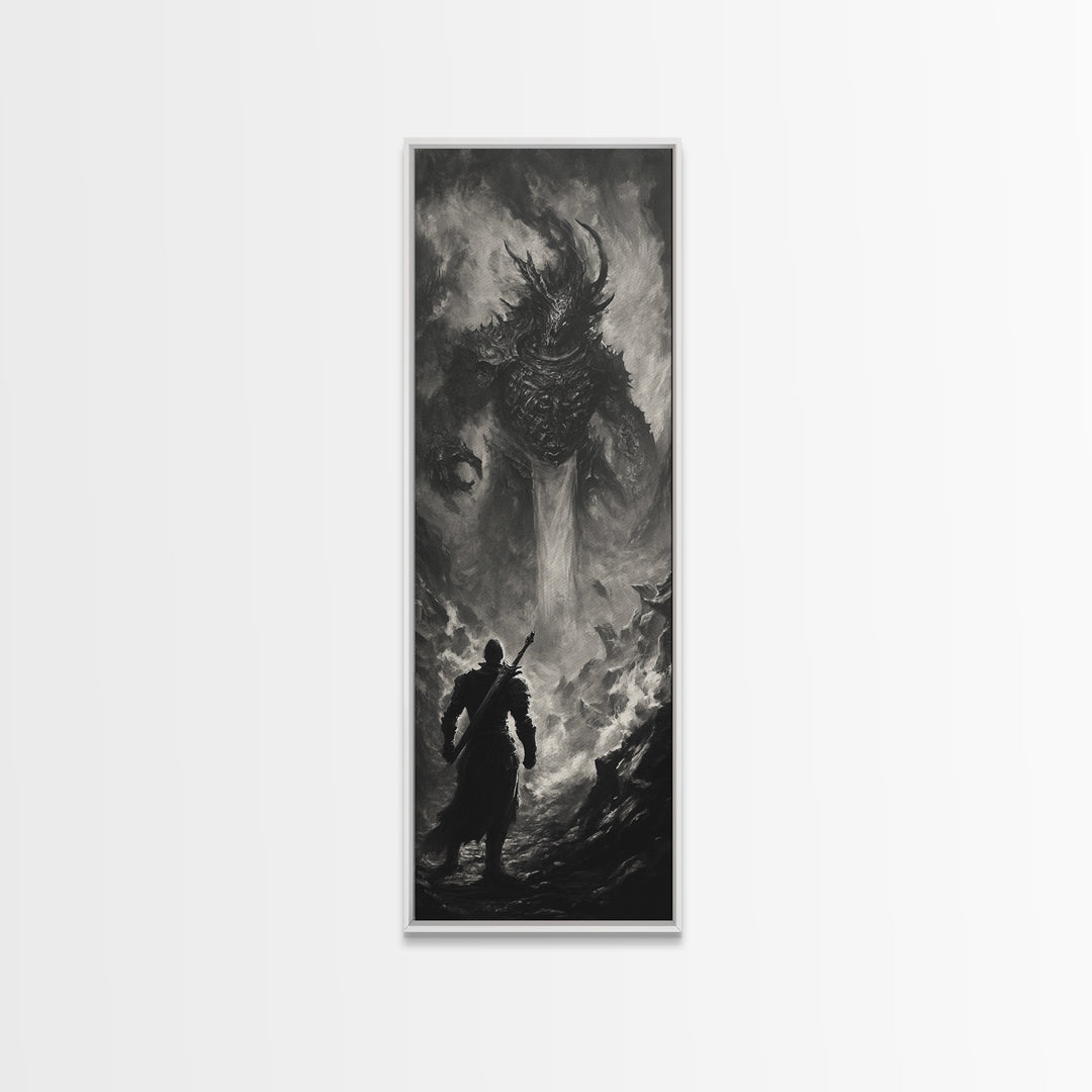 Monochrome Horned Demon Facing Warrior Framed Canvas Print, Dark Fantasy Wall Art, Gothic Black And White Art Decor For Office