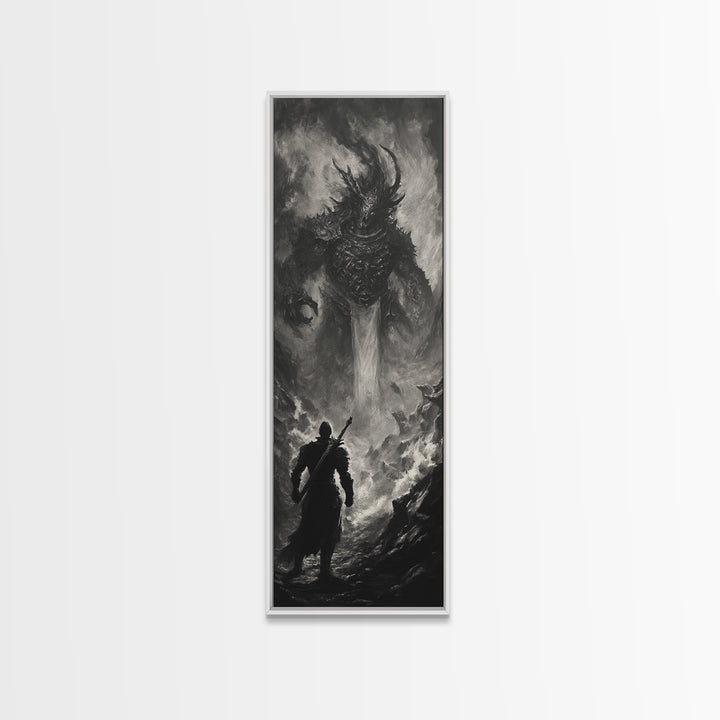 Monochrome Horned Demon Facing Warrior Framed Canvas Print, Dark Fantasy Wall Art, Gothic Black And White Art Decor For Office