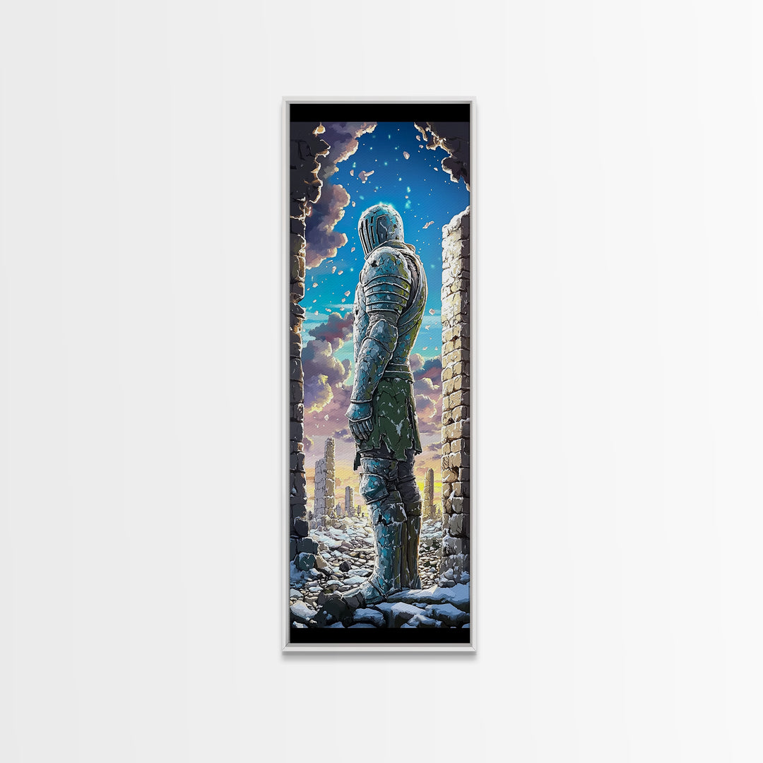 Snowy Armored Knight In Ruined Stone Gate Canvas Print, Fantasy Wall Art, Blue Winter Landscape, Medieval Home Wall Decor