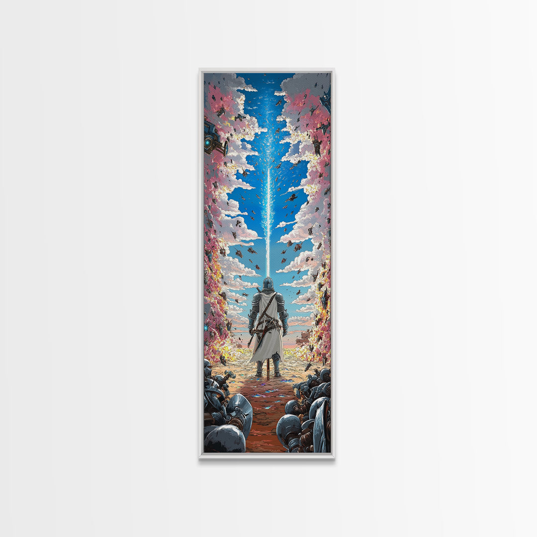 Silver Knight Beneath Celestial Blue Beam Wall Art, Epic Fantasy Print, Cherry Blossom Sky, Vibrant Gaming Room Wall Decor
