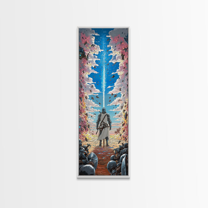 Silver Knight Beneath Celestial Blue Beam Wall Art, Epic Fantasy Print, Cherry Blossom Sky, Vibrant Gaming Room Wall Decor