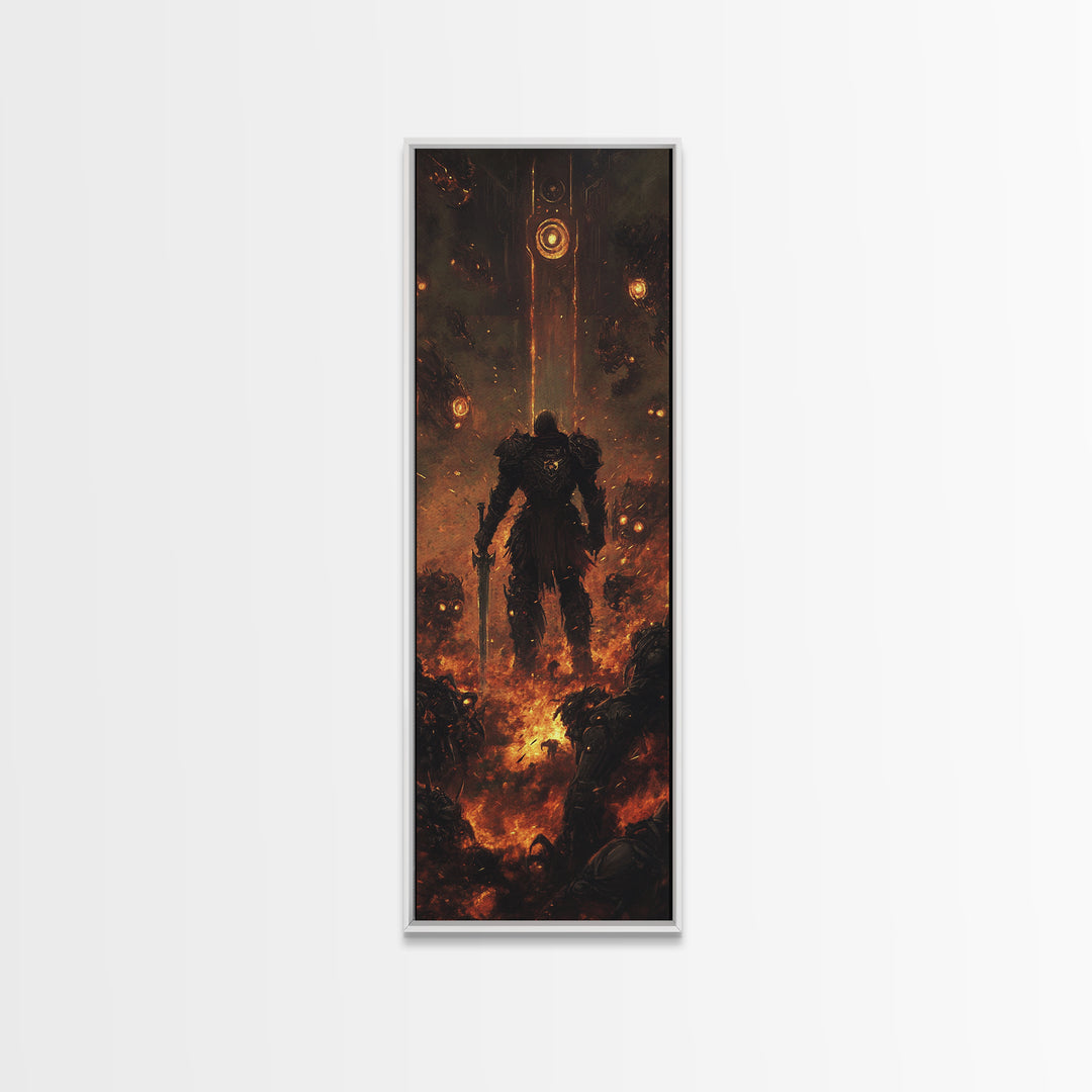Ember Warrior In Fiery Ruins Framed Canvas Print, Dark Fantasy Wall Art, Gothic Dungeon Scene, Moody Game Room Wall Decor