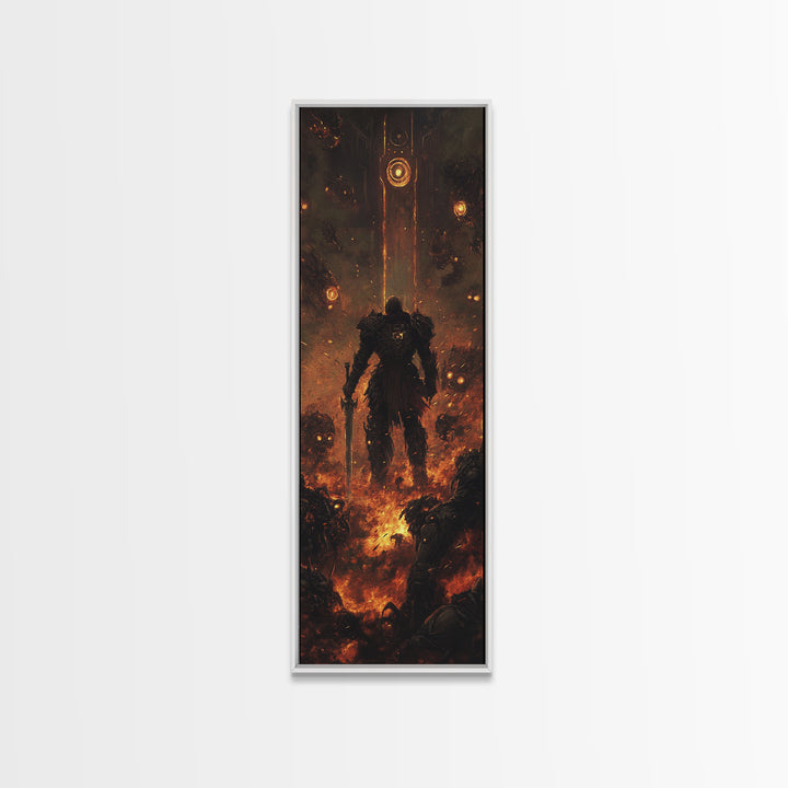 Ember Warrior In Fiery Ruins Framed Canvas Print, Dark Fantasy Wall Art, Gothic Dungeon Scene, Moody Game Room Wall Decor